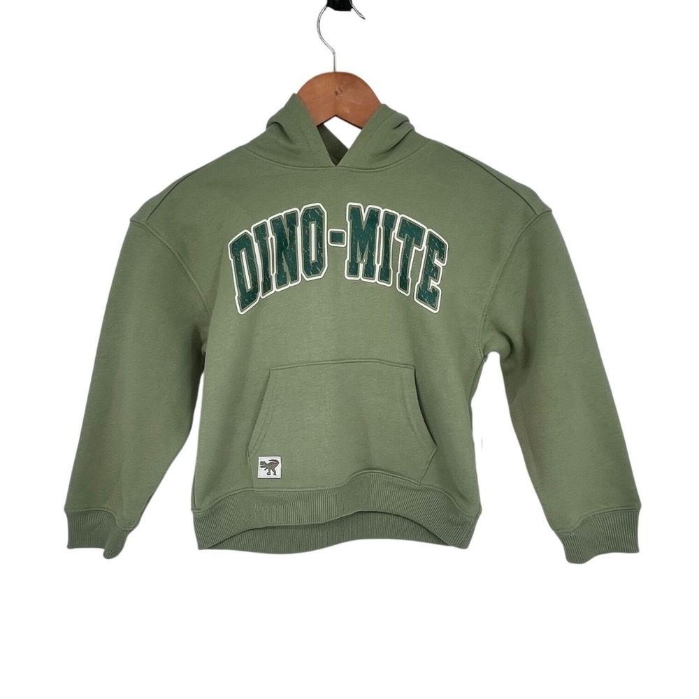 Dino-Mite Green Hoodie Kids Size 7 Graphic Fleece Pullover Casual Dinosaur